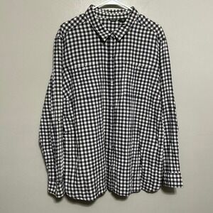 Eddie Bauer Womens Button Up Shirt XXL Black White Gingham Plaid Roll Tab Sleeve